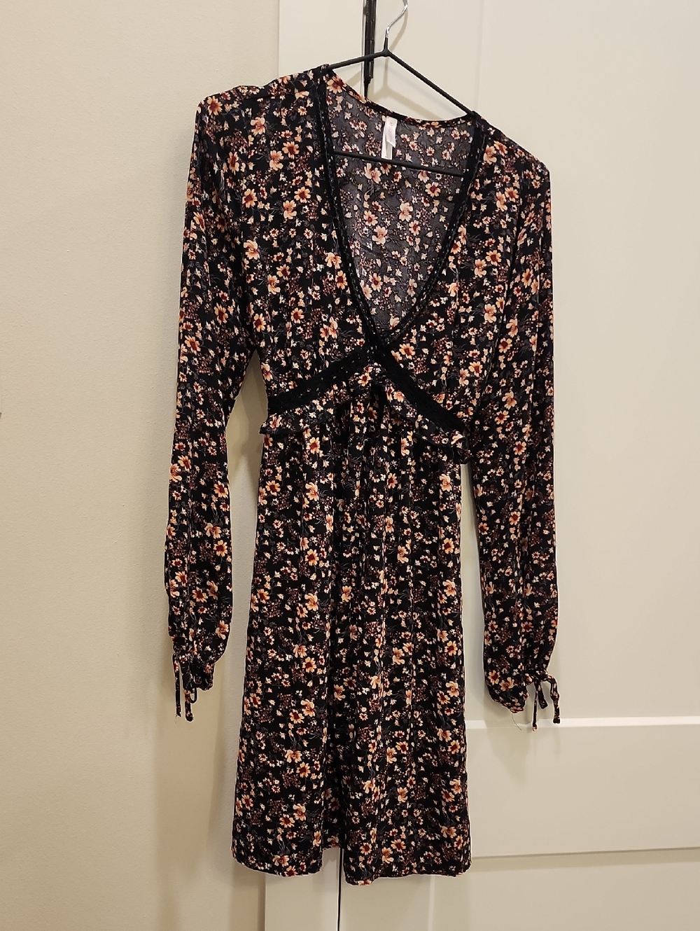Women's Black Floral Wrap Dress with Peach Accents